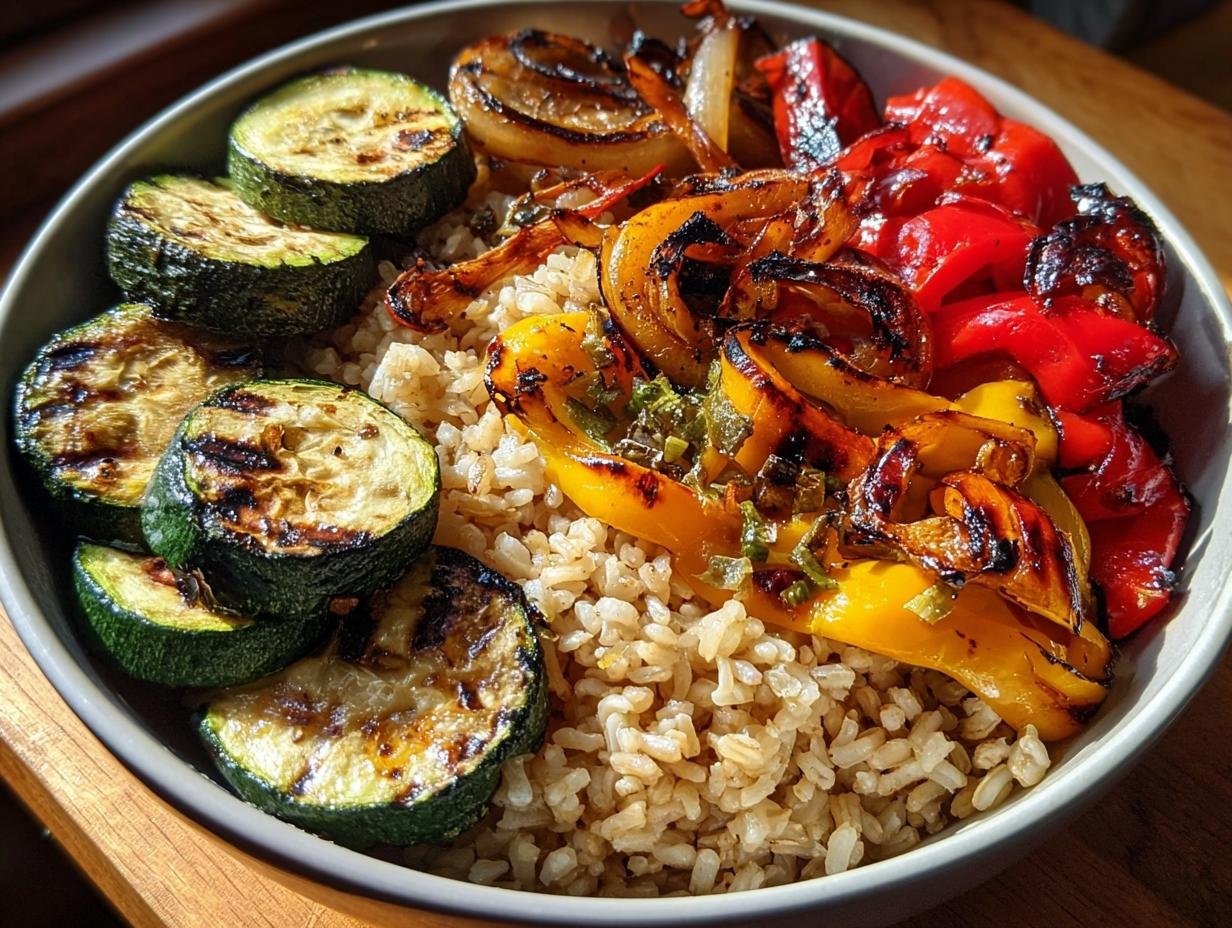 Brown Rice Grilled Veggie - close-up of perfectly grilled vegetables