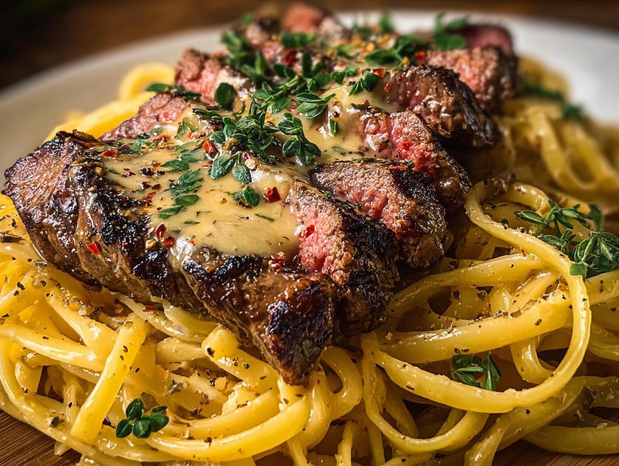 Garlic Butter Steak Cheesy: Decadent 1-Pan Dinner - Assembled pasta with steak and parsley