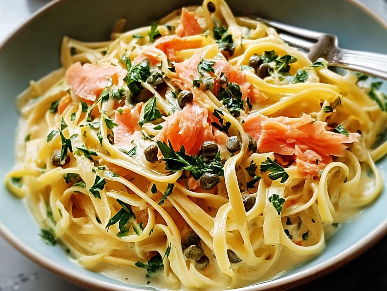 Amazing Healthier Smoked Salmon Linguine - close-up of a serving with fresh parsley