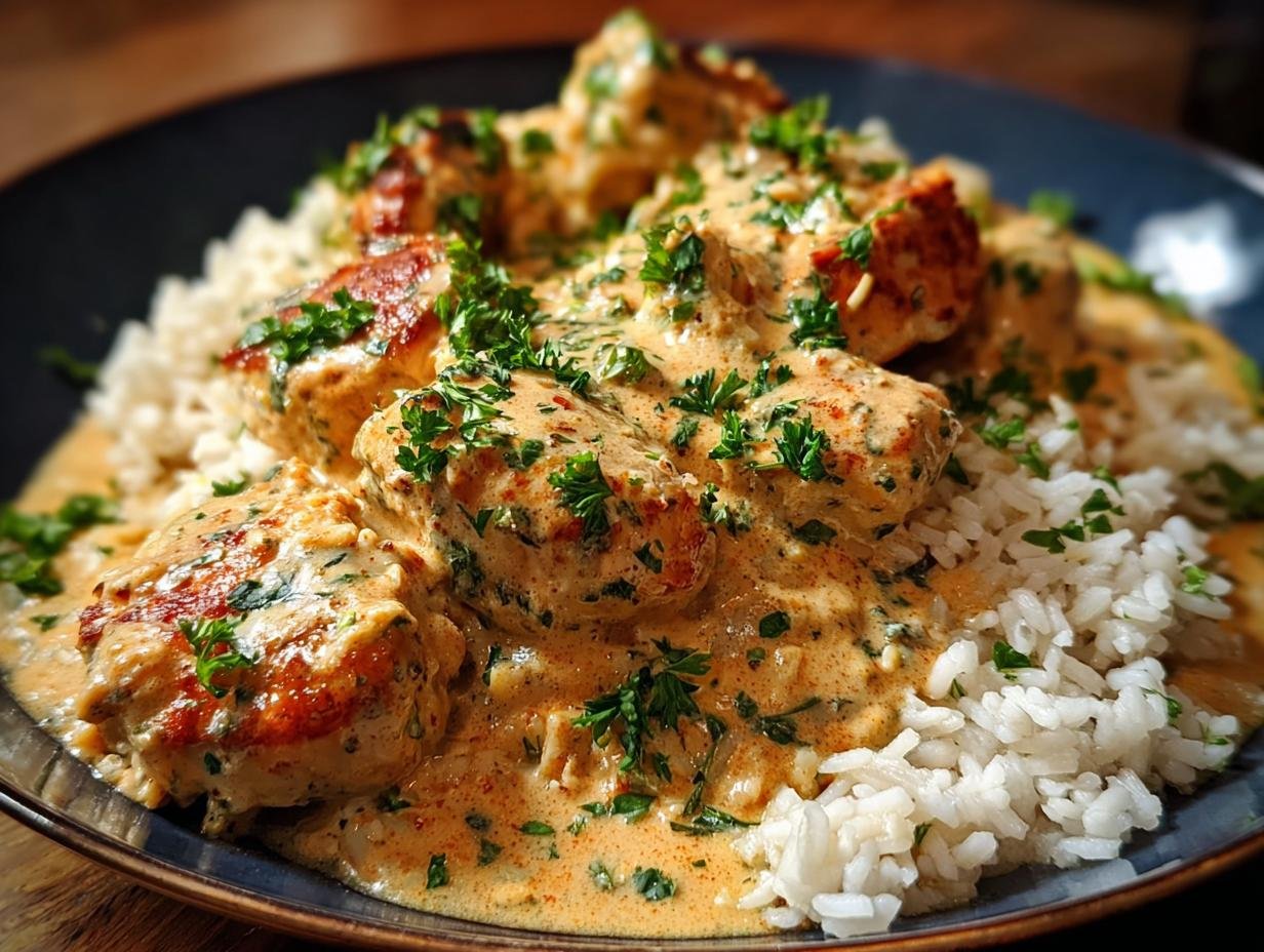 Irresistible Creamy Smothered Chicken: 85 Min Comfort - serving suggestion with rice and garnish