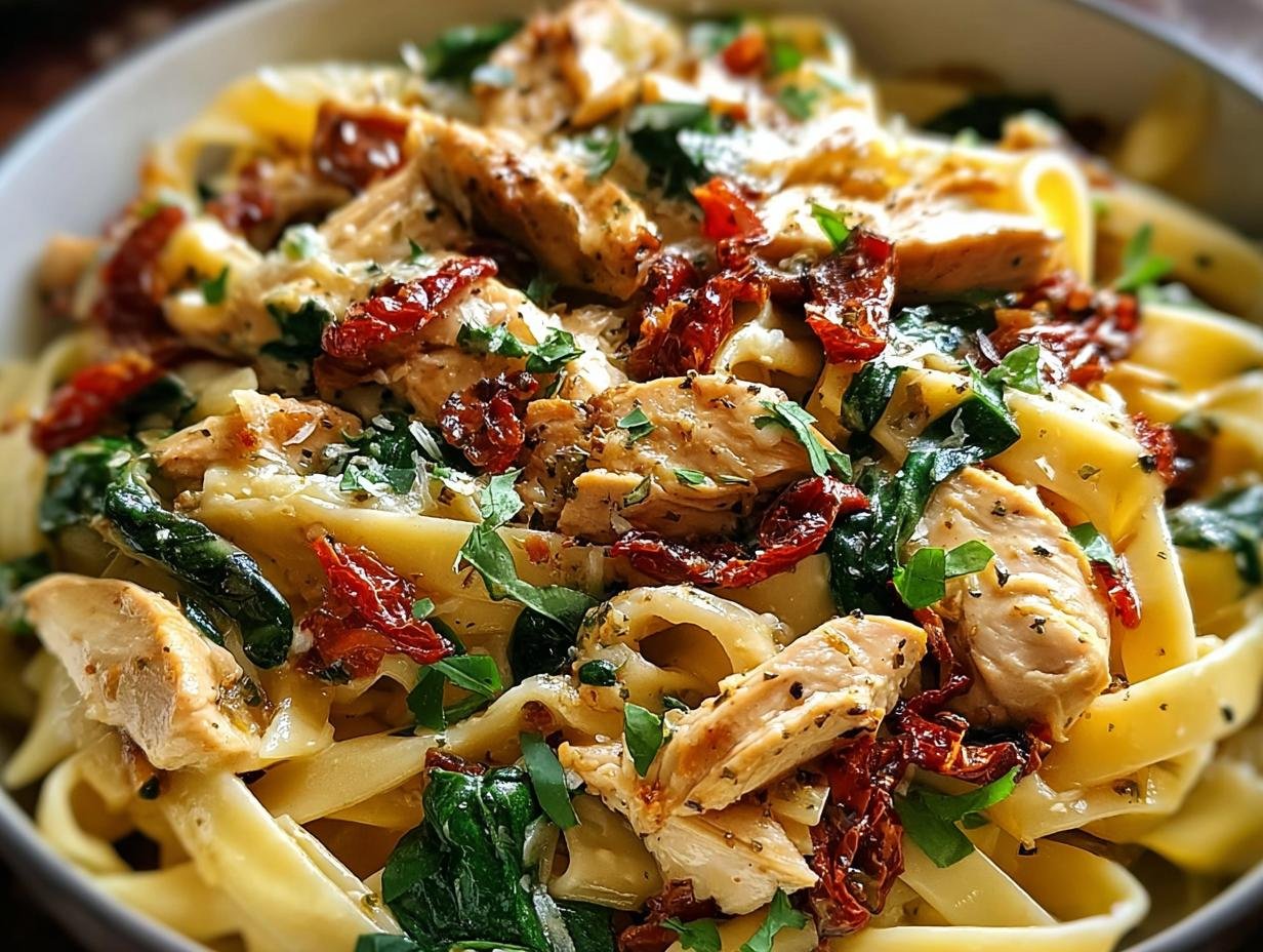 Savory Tuscan Chicken Pasta: Easy, Creamy Delight - A close-up of the creamy Tuscan chicken pasta dish, showcasing tender chicken, pasta, and vibrant sun-dried tomatoes.