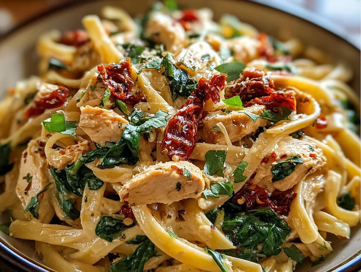 Savory Tuscan Chicken Pasta: Easy, Creamy Delight - Ingredients for Tuscan chicken pasta laid out, including chicken, pasta, sun-dried tomatoes, and spinach.