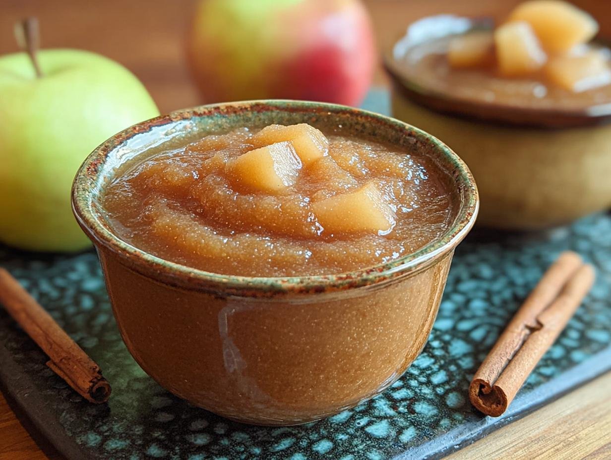 Slow Cooker Pear Applesauce - finished applesauce in a bowl with cinnamon stick