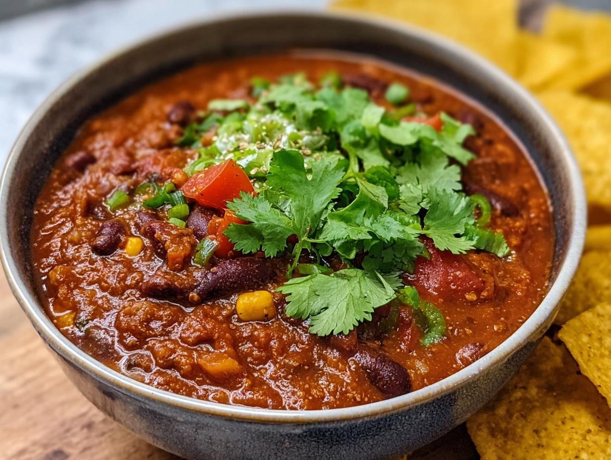 Amazing 4-Bean Vegan Chili Delight - Vegan Chili - serving suggestion with toppings