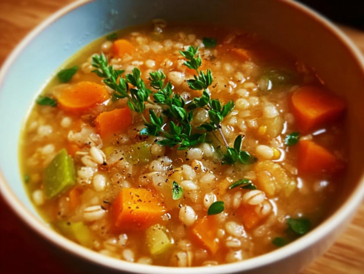 Close-up of a bowl of Hearty Vegetable Barley Soup