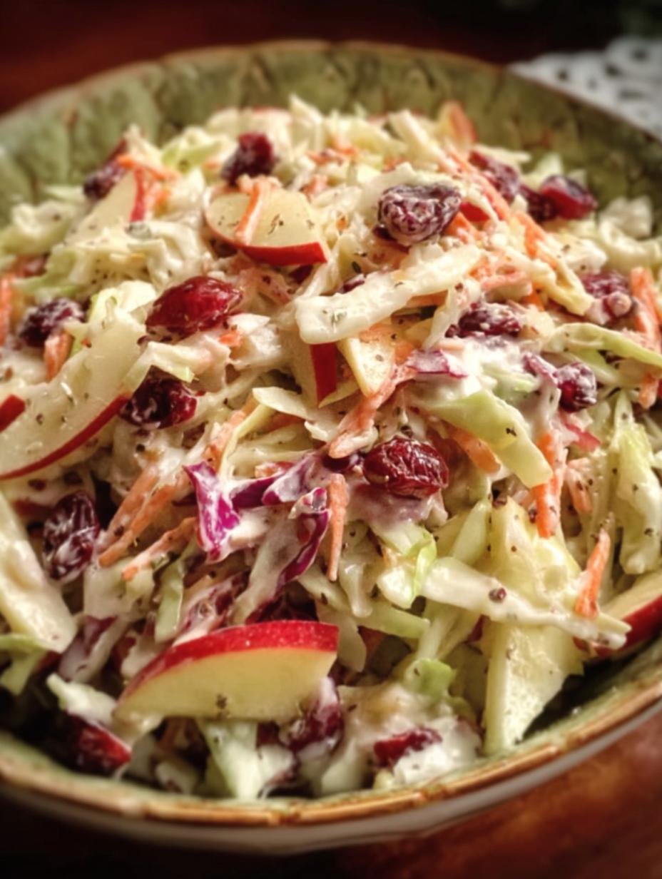 Delicious Apple Cranberry Coleslaw in a white bowl, ready to be served