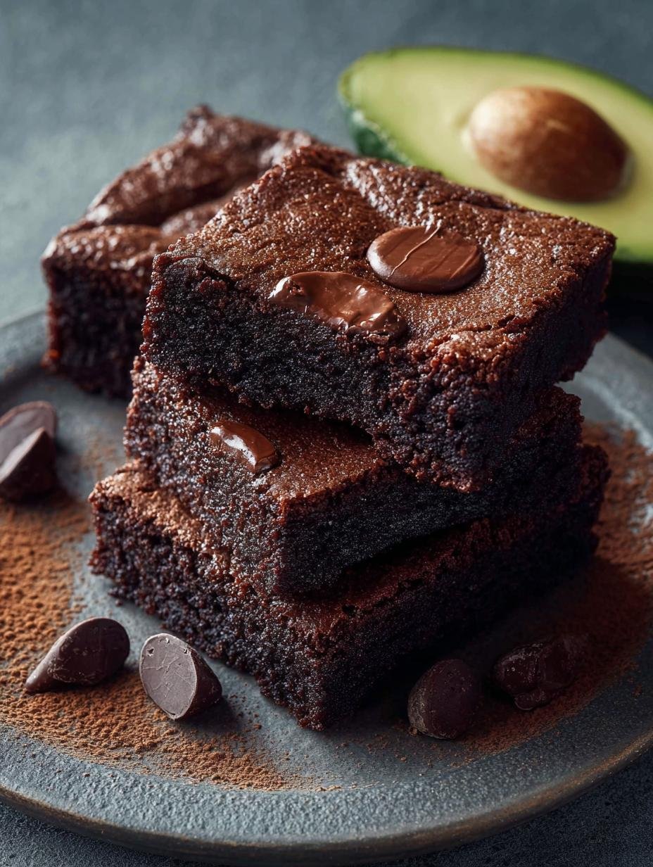Close-up of a perfectly sliced Avocado Brownie, revealing its fudgy interior and chocolate chips