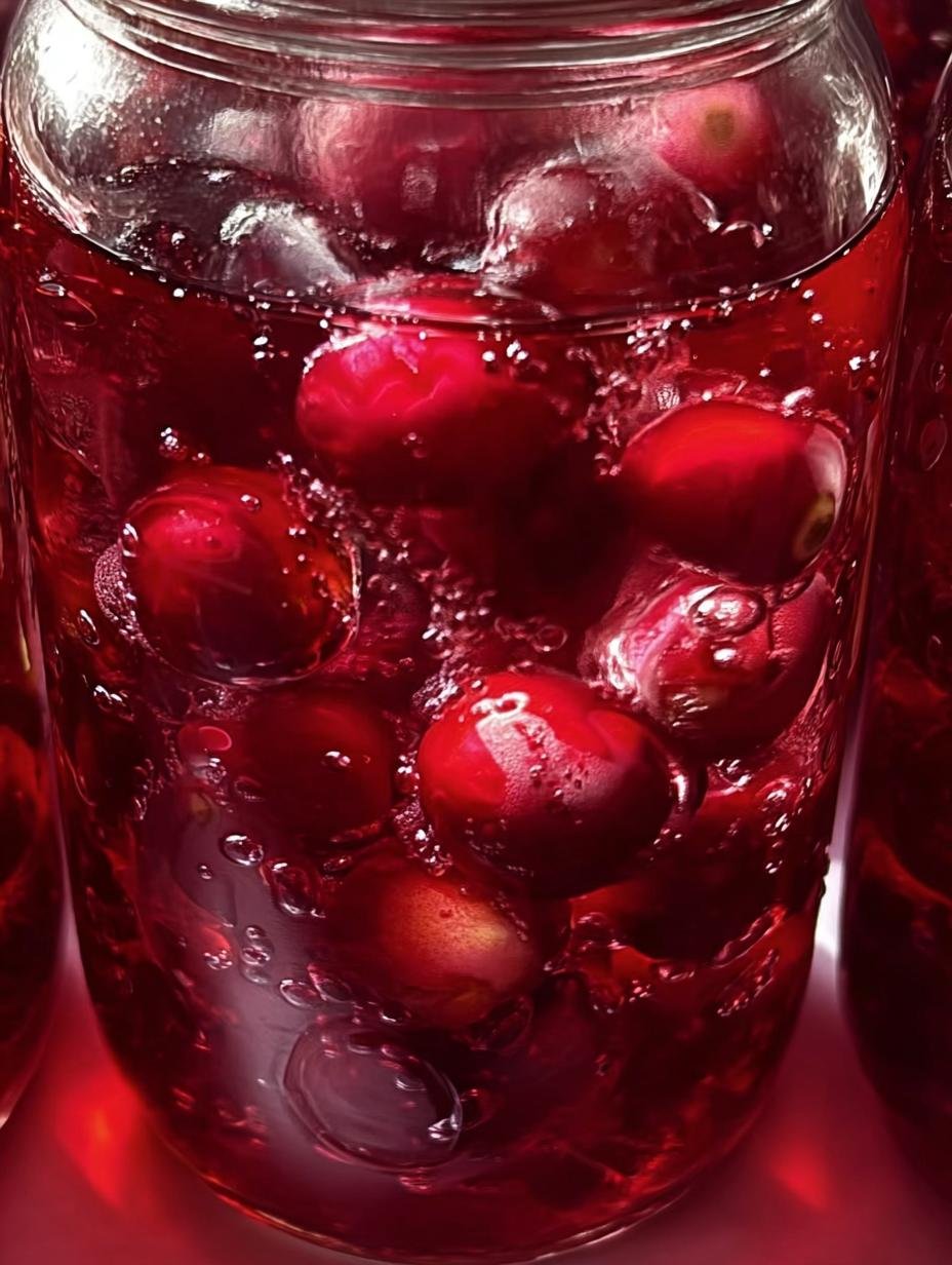 Vibrant red homemade Canning Cranberry Juice in clear mason jars, showcasing the rich color and freshness of the preserved fruit.