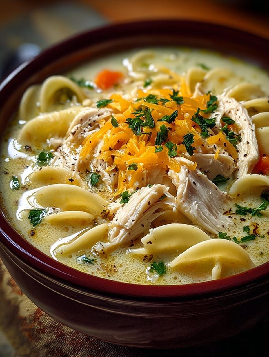 Delicious Cheesy Chicken Noodle Soup in Under 30 Minutes - Cheesy Chicken Noodle Soup - main visual representation