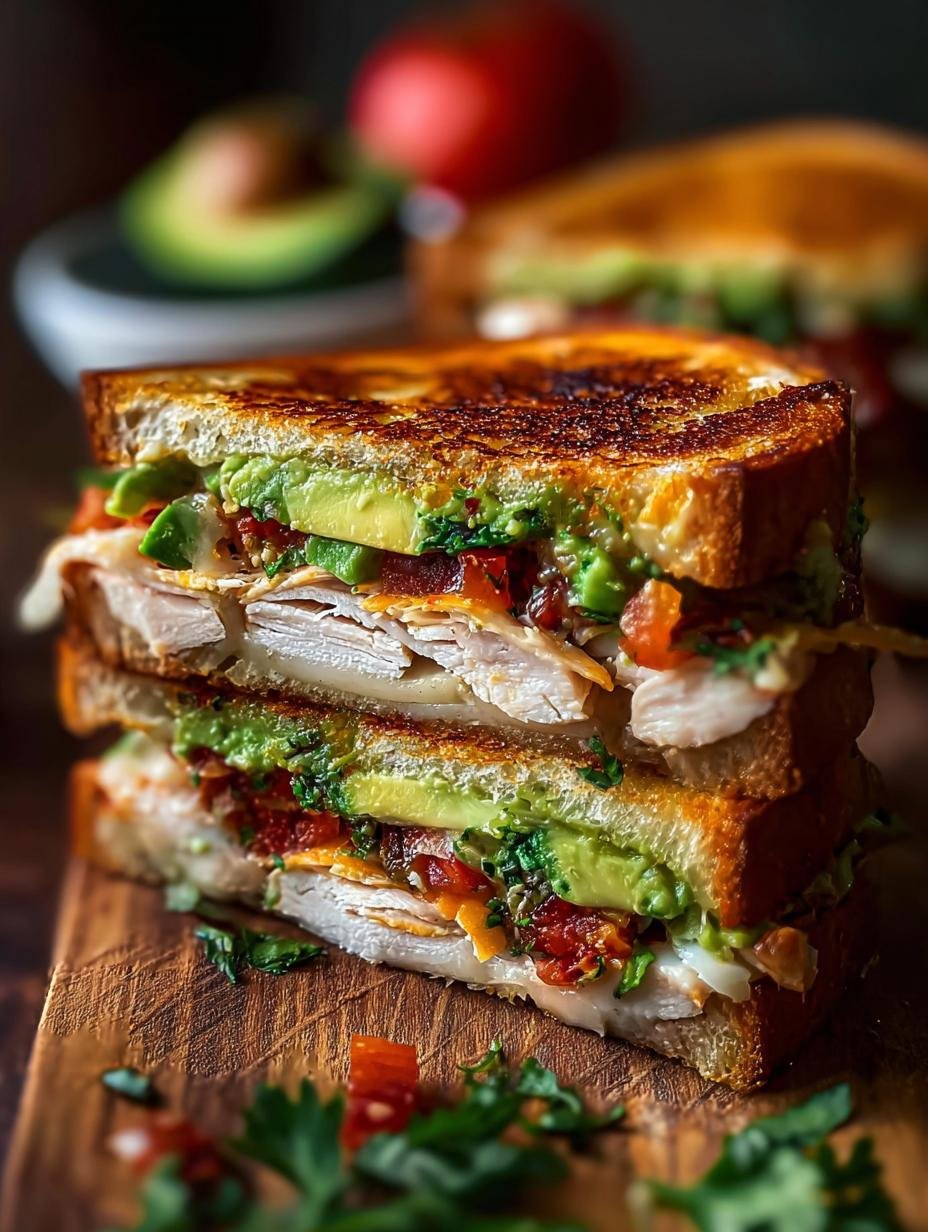 Deliciously golden brown Chicken Avocado Melt Sandwich sliced in half, revealing creamy avocado, melted cheese, and tender chicken salad filling