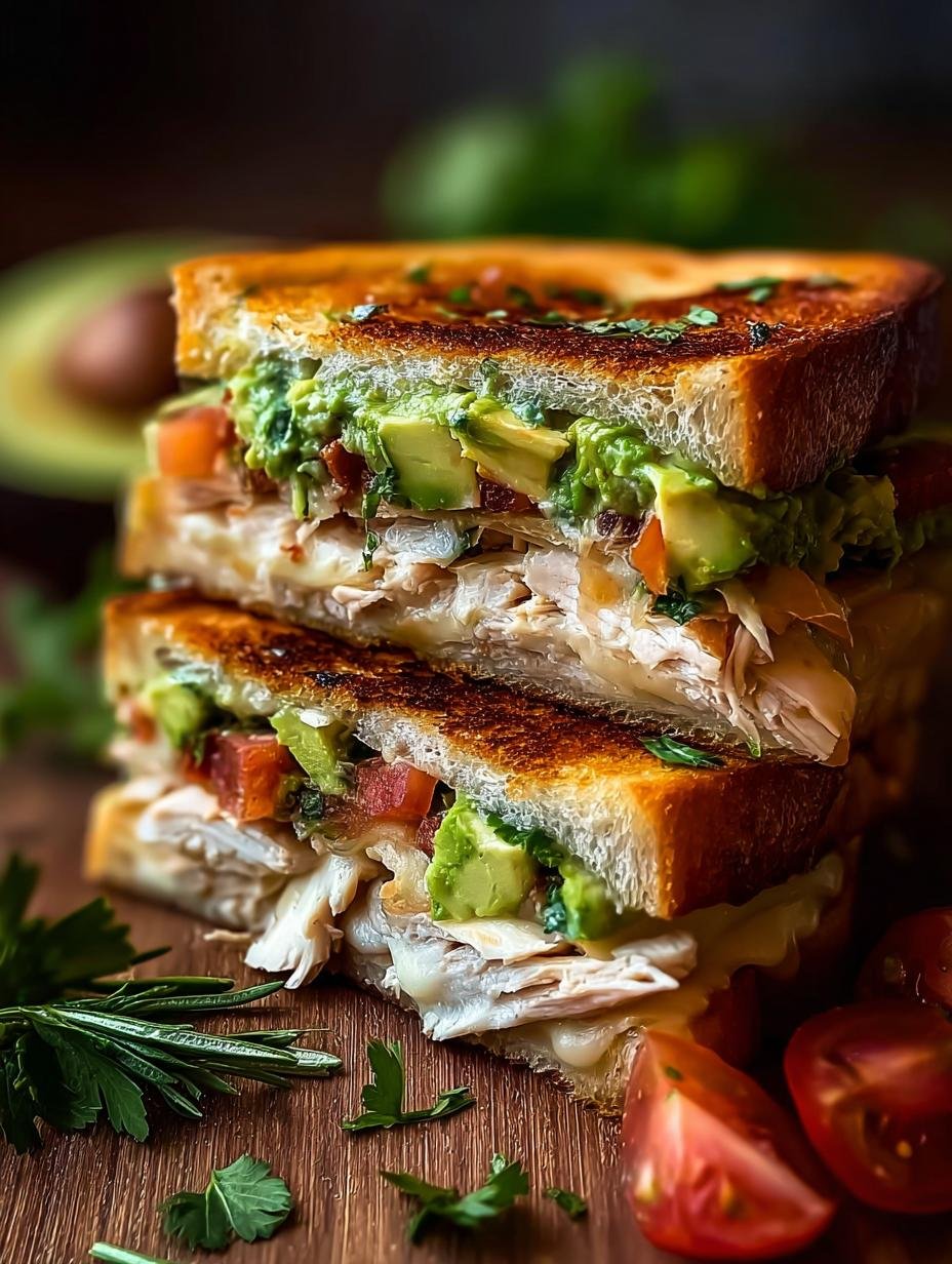 Close-up of a perfectly grilled Chicken Avocado Melt Sandwich, showing the crispy bread and gooey melted cheese