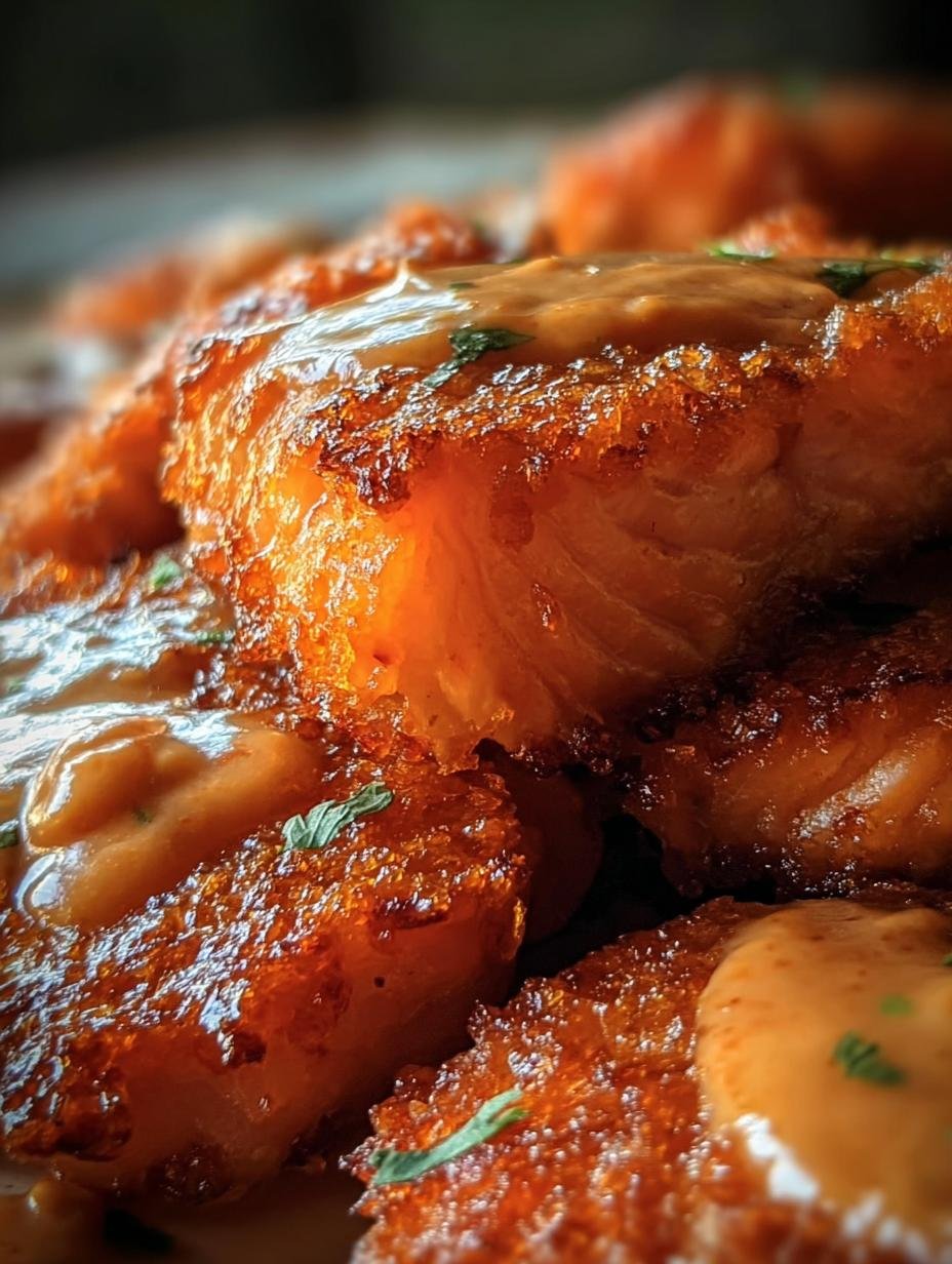 Close-up of Crispy Bang Bang Salmon bites garnished with fresh herbs and a side of creamy sauce