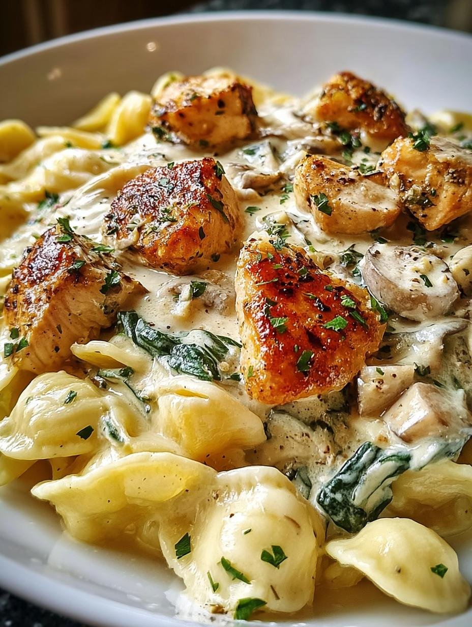 Delicious Garlic Chicken Bites Creamy served with fettuccine pasta and fresh parsley, ready to eat
