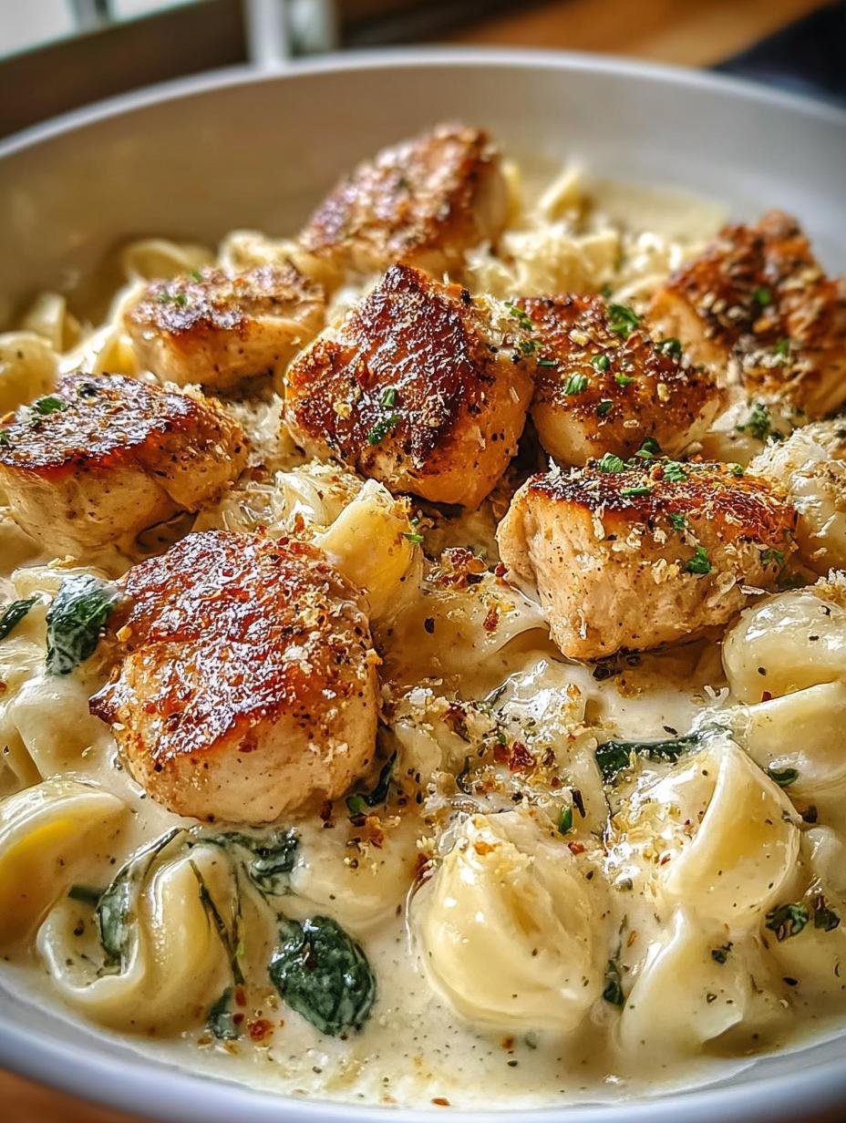 Close-up of creamy Garlic Chicken Bites with fettuccine, spinach, and artichoke hearts in a skillet