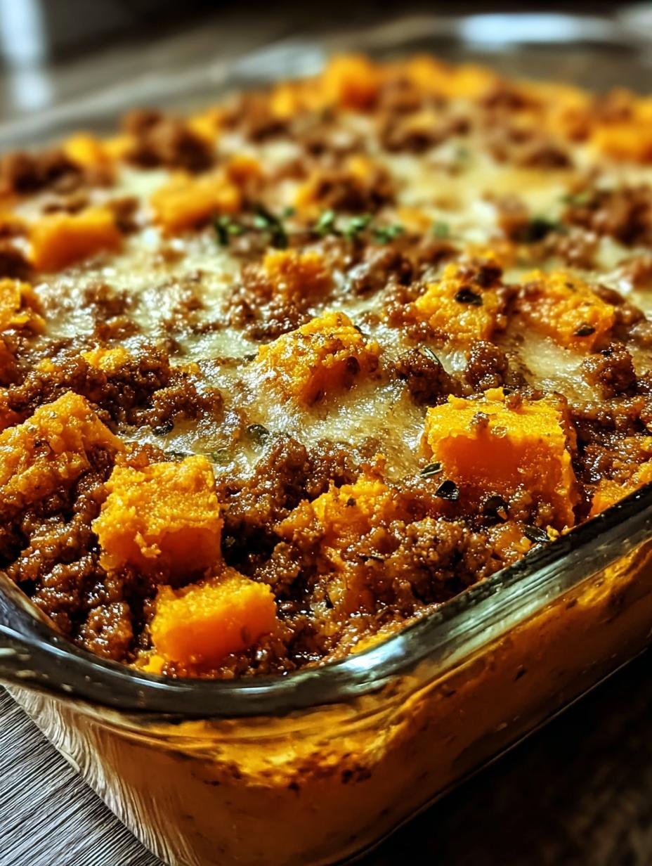 Delicious Ground Turkey Sweet Potato casserole with melted cheese and fresh herbs, ready to serve