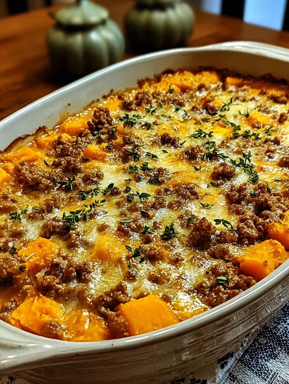 Close-up of a serving of Ground Turkey Sweet Potato casserole with melted cheese and a side of fresh greens