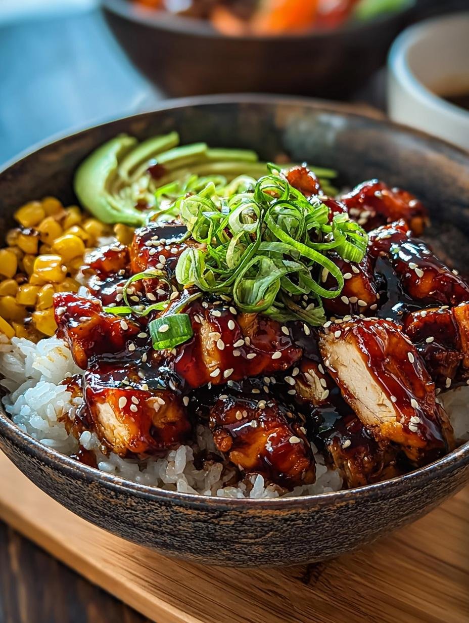 Close-up of glazed Honey Bbq Chicken Rice with tender chicken pieces and fluffy rice, garnished with fresh herbs