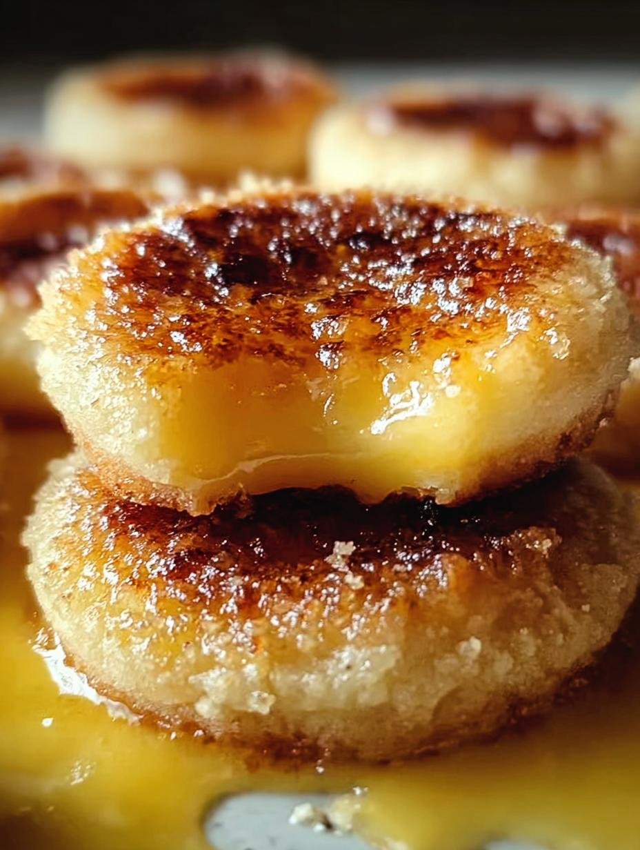 Close-up of a Lemon Curd Creme Brulee cookie with a golden, crackled sugar topping and a visible lemon curd filling.