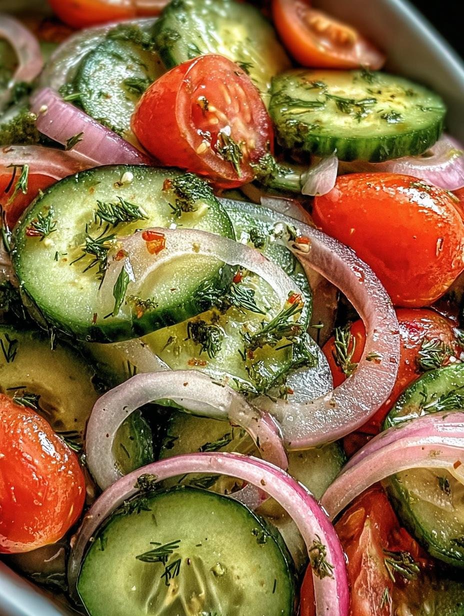 Vibrant Marinated Cucumbers Onions Tomatoes salad in a glass bowl, showcasing crisp cucumbers, red onions, and juicy tomatoes in a tangy dressing, ready to be served.