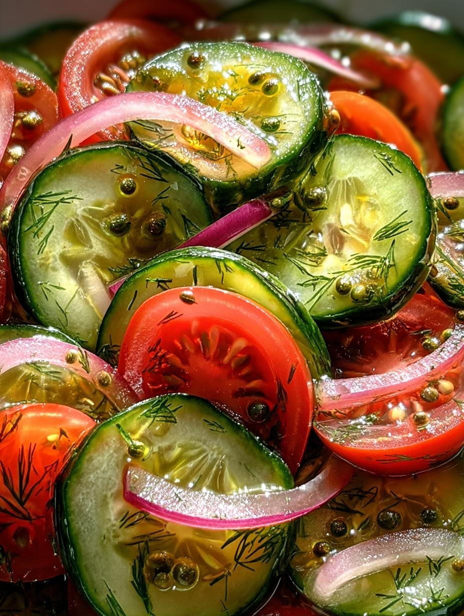 Close-up of Marinated Cucumbers Onions Tomatoes in a serving bowl, highlighting the fresh dill and glistening marinade on the vegetables.