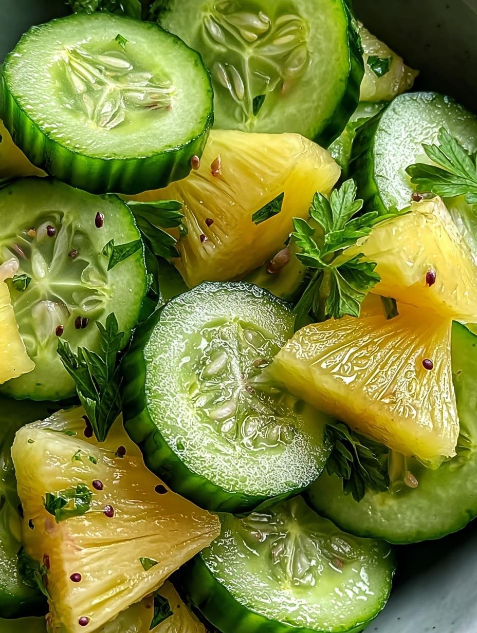 Close-up of a refreshing Pineapple Cucumber Salad, showcasing the crisp cucumber and juicy pineapple