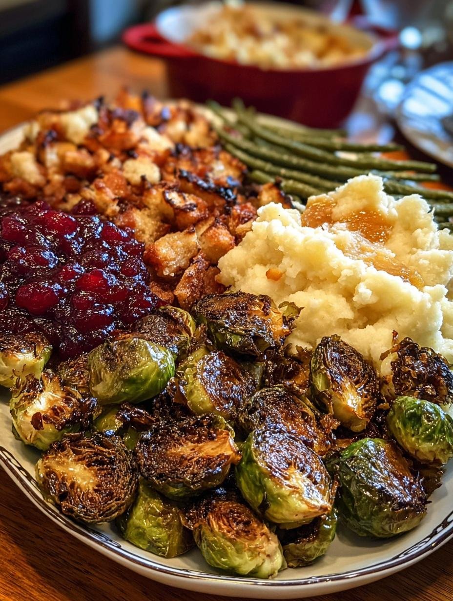 Amazing Side Dishes For Thanksgiving: A close-up of perfectly roasted Brussels sprouts with a golden-brown caramelization, a delicious Thanksgiving side dish.