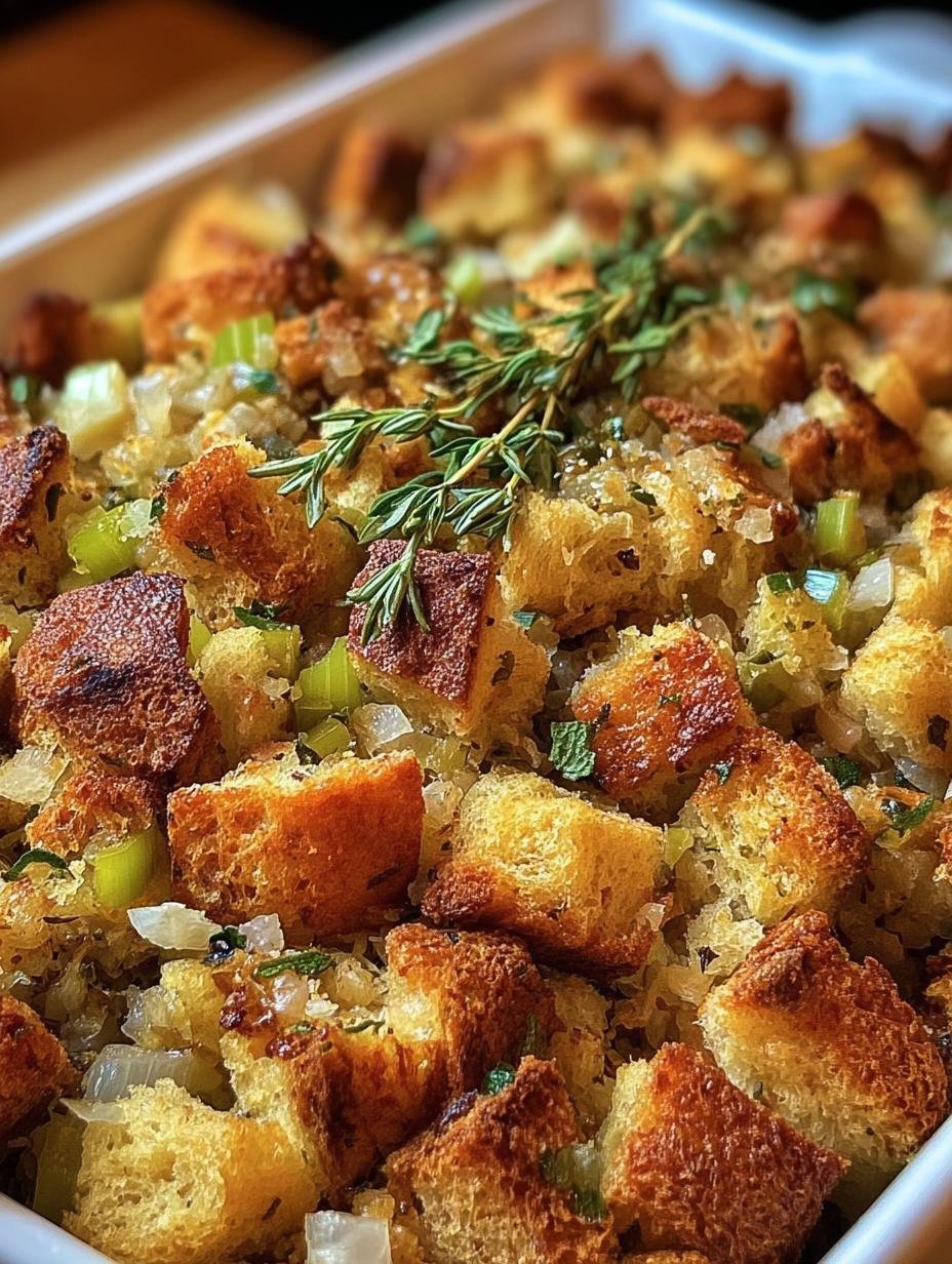 Deliciously golden-brown Stuffing For Thanksgiving in a baking dish, ready to be served, showcasing its crispy top and tender interior.