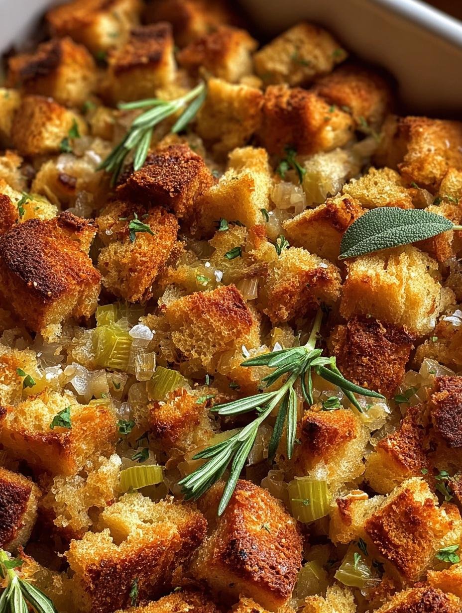 Close-up of a serving of homemade Stuffing For Thanksgiving, showing the herb-infused bread cubes and crispy edges.
