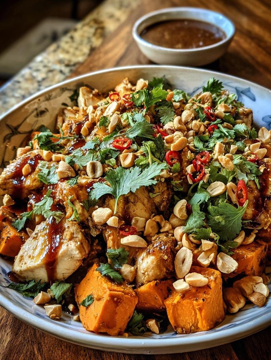 Delicious Thai Chicken Sweet Potato bowl with tender chicken, roasted sweet potatoes, and a rich peanut sauce, garnished with cilantro and peanuts.