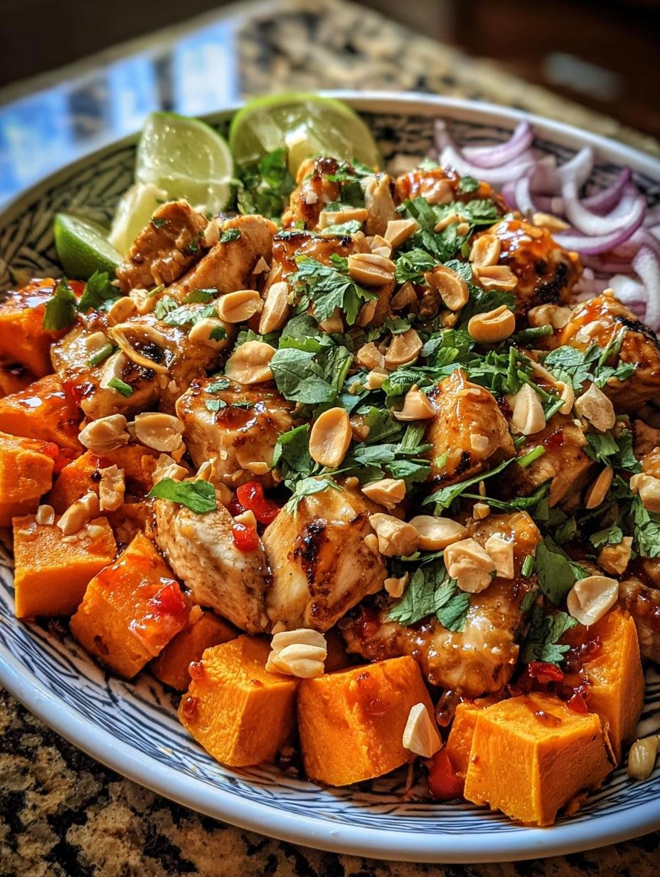 Close-up of a Thai Chicken Sweet Potato bowl, showcasing the tender chicken, vibrant sweet potatoes, and creamy peanut sauce, ready to be enjoyed.