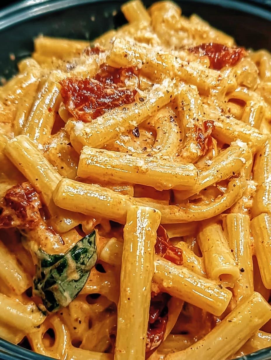 Close-up of creamy Vegan Marry Me Pasta with sun-dried tomatoes and spinach, showing rich texture