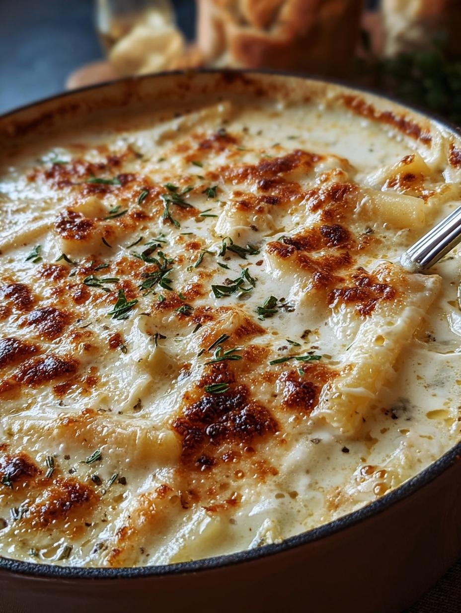 Delicious White Lasagna Soup Creamy in a bowl with fresh herbs