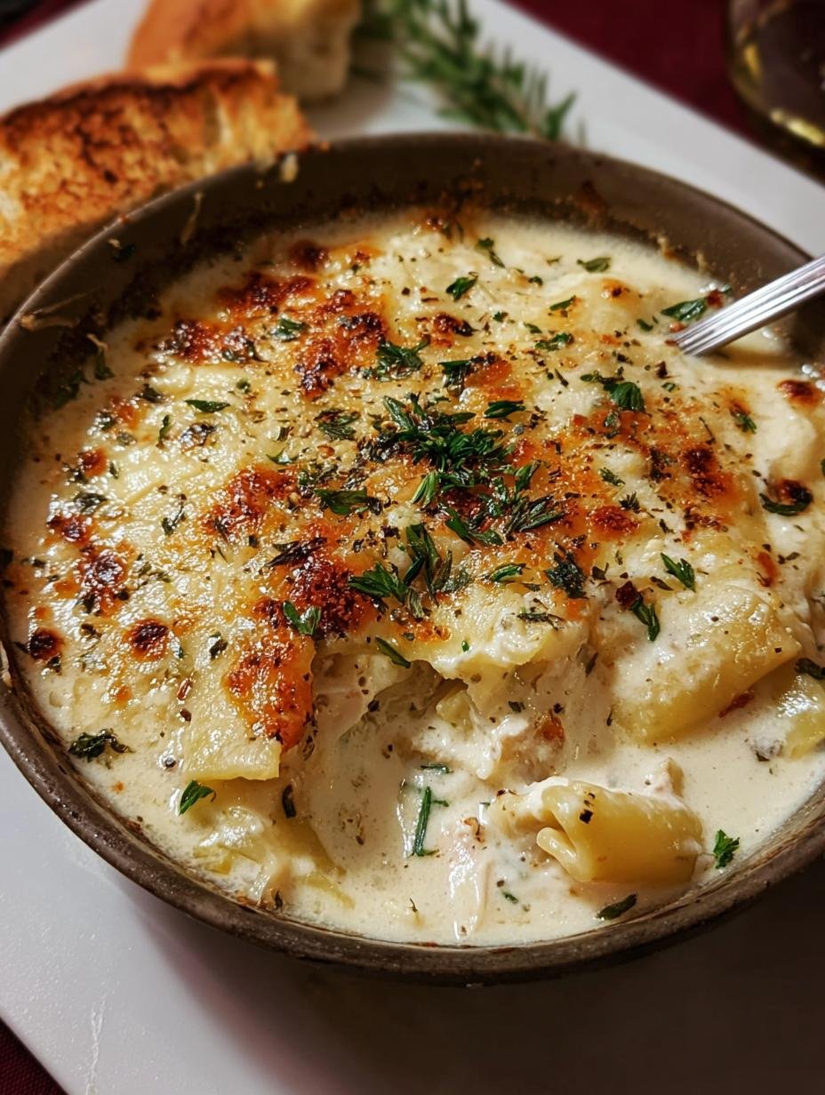 Close-up of creamy White Lasagna Soup with melted cheese and pasta