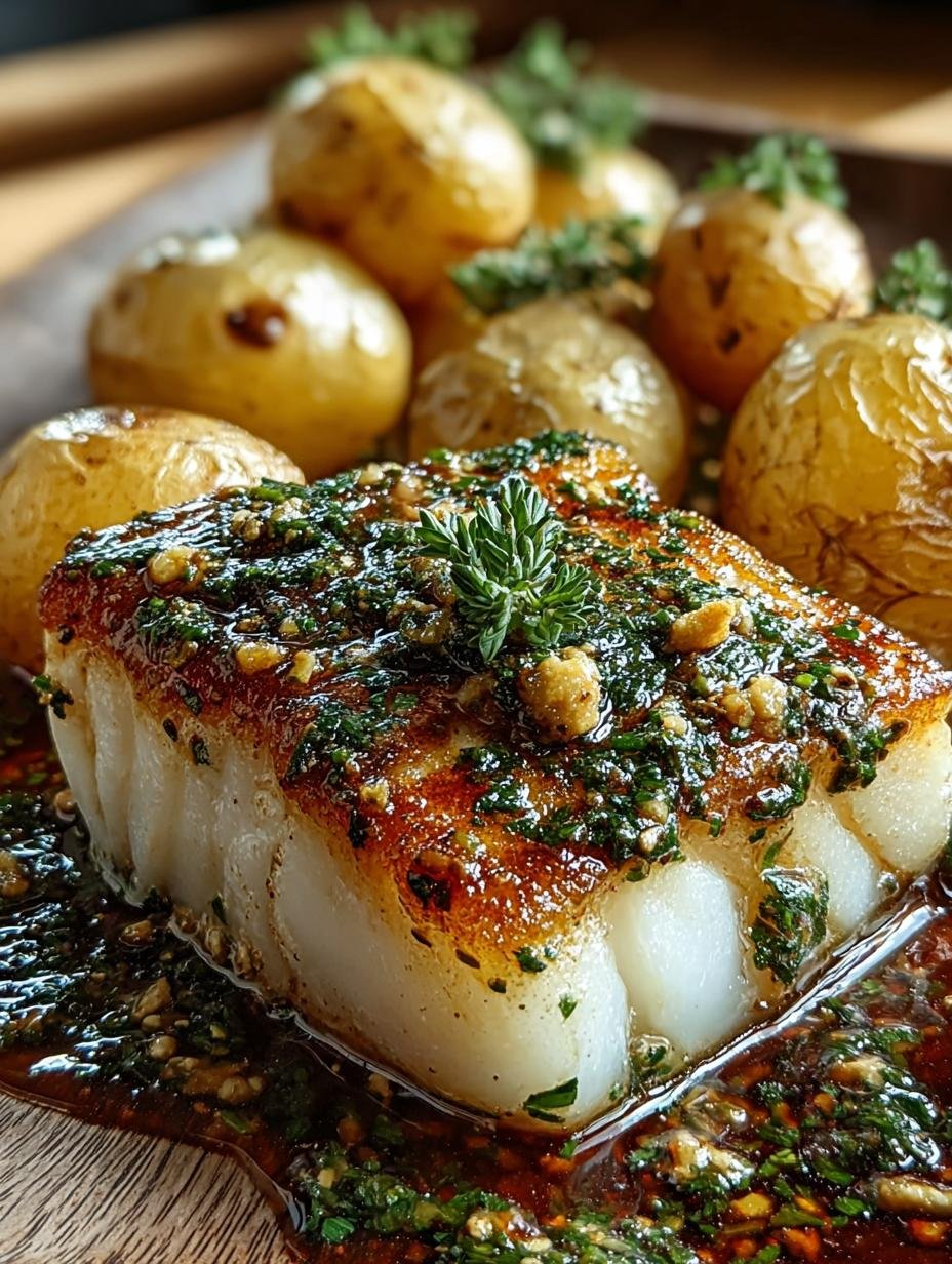 Irresistible Garlic Butter Cod with Roasted Potatoes fresh from the oven on a serving plate