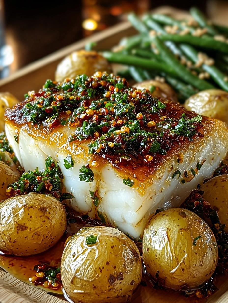 Delicious Garlic Butter Cod with Roasted Potatoes plated with fresh herbs