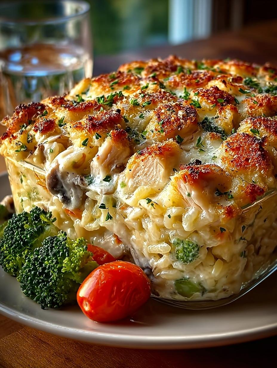 Irresistible Chicken Alfredo Rice Casserole fresh from the oven, ready to serve