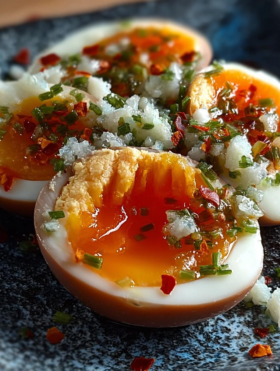 Delicious Mayak Eggs garnished with sesame seeds and served over rice